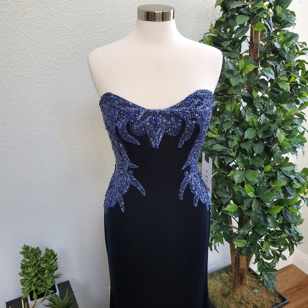NWT Mac Duggal Velvet Navy Sequined Bustier Dress - Picture 3 of 8